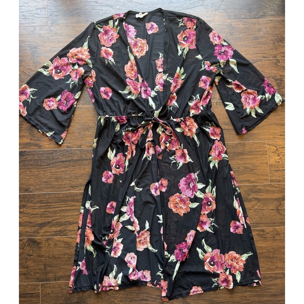 Sincerely Women Black Floral Kimono Duster Sheer Tie Waist Boho Plus Size 1X